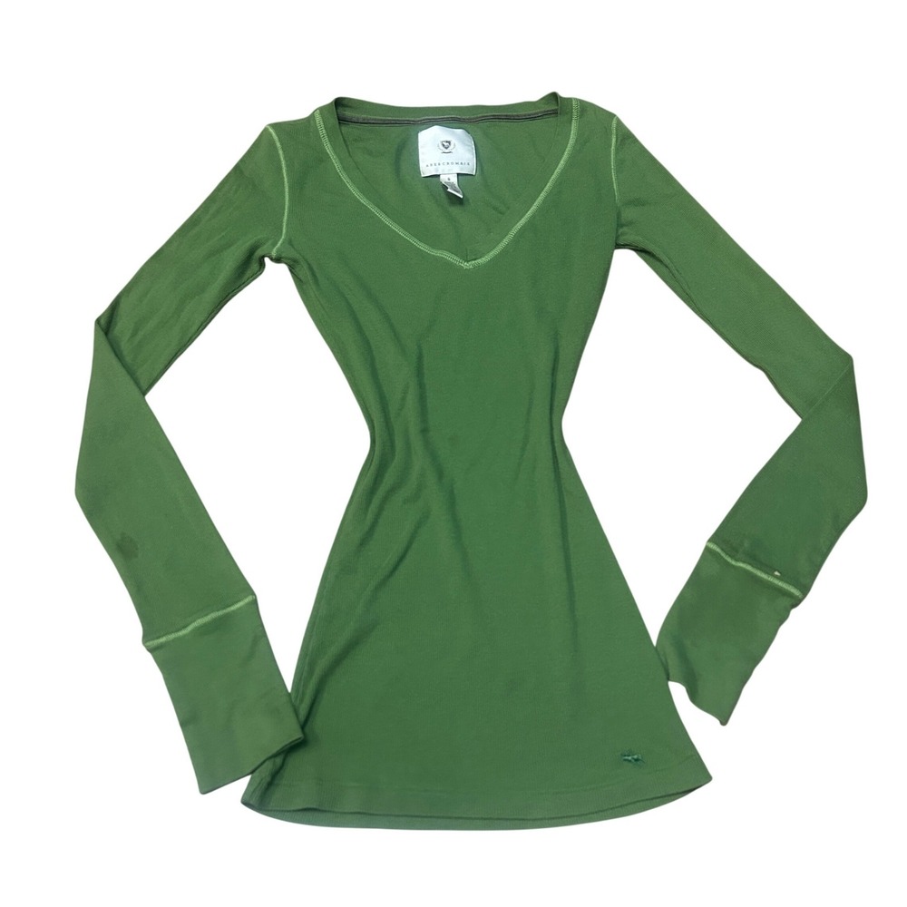 Abercrombie‎ Fitch Green Ribbed V Neck Long Sleeve Top Women's Small